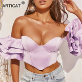 Elegant Ruffles Sleeve Crop Tops Women Strapless Off Shoulder Backless Zipper Sexy Club Party Tops 2020 Summer