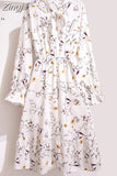 Women Floral Chiffon Dress Autumn Winter Long Sleeve Elastic Waist Bow Collar Casual Elegant Party Office Dresses