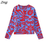 Women Vintage O Neck Flower Jacquard Knitting Sweater Female Chic Long Sleeve Double Pockets Cardigan Coats Tops