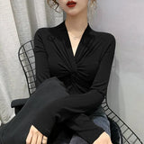High Stretchy Tee Women's Full Sleeve Criss-Cross V-neck Tshirt Soft Sheath T-shirts Tops for