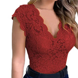 Women Slim Tunic Lace V Neck T-shirt 2022 Sexy Elegant Summer Short Sleeve T Shirt Lace Flower Tops