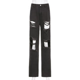 Hole Ripped Black Woman Distressed Jeans Casual Hip Hop High Waist Pants Capris Pocket Straight Denim Trousers