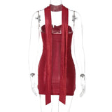Red Sequin Strapless Draped Bodycon Mini Dress- Outfit