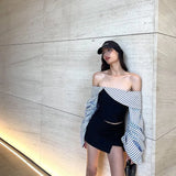 Women's Clothing 2025 Summer New Fashion Stripe Bumped A Word Shoulder-To-Shoulder Repair Slim Thin Long-Sleeved Top