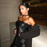 PU Leather Tube Crop Top And Zipper Skort Two Piece Set- Outfit