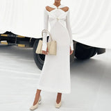 2025 New Solid Color Strapped Long Dress Fashion High-End Feel Long Sleeve Dress Women's