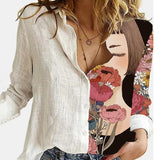 2021 Women Botton Vintage Polo-Neck Office Lady Spring Summer Loose Casual Cartoon Printing T-Shirt Long