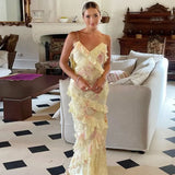 Seaside Holiday Wind V-Neck Suspension Dress 2025 New High-End Printed Lotus Leaf Side Design Long