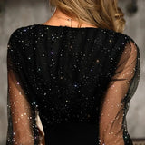 Elegant Sexy Bag Hip Midi Casual Dress Women Black Retro Gazue Sequins Long Sleeved Female Dresses Party Culb