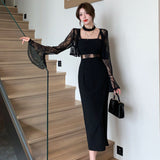 Autumn Temperament New Lace Open-Shirt Jacket Top + Sling Bottom Dress
