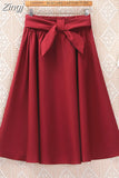 Women Preppy Style Summer Skirt Casual A-line Solid With Belt Mid-length Fashion Elegant Chic Girls Midi Skirts