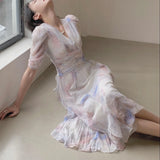French Style Women Elegent Party Midi Print Dress Female Fashion A Line Holiday Clothes