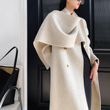 Fashion Women Woolen Coat Scarf Collar Loose Double Breasted Full Sleeve Belt Solid Color Overcoat Autumn 2023 New