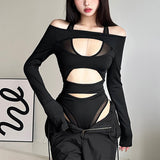 Zingj 2024 New Women's Fashion Sexy Mesh Stitching Long Sleeve Hollow Out Slim Crop Jumpsuit-Outfit