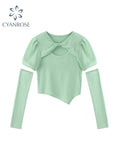 Women's Vintage T-shirt O-Neck Puff Sleeve Streetwear Slim Female Casual Irregular Trendy Design Sexy Hollow Out Tee