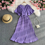 Zingj Temperament Fashion V Collar Fly Sleeve Dress Simple Pure Color Waist Belt Pleated Long