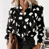 Leopard Dot Print Ruffle Blouse Shirt Spring Long Sleeve Women Shirts Elegant Office Lady V-Neck Button Loose Tops