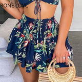 Women Tropical Print Crop Top & Shirring Detail Ruffles Skirt Set Women Summer Outfits