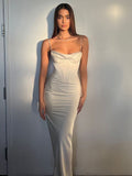 Summer Women Solid Satin Strap Corset Midi Dress Bodycon Sexy Streetwear Party Elegant Club Festival Evening