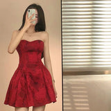 Hot Girl Red Strapless Printed Dress for Women's Summer Slim Fit Sexy Floral A-line Short Dress Fashion Female