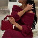Burgundy Off Shoulder Fold Knit Midi Dress- Outfit