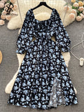 Summer Chiffon Split Midi Dress Women Square Collar Puff Sleeve Elastic Waist Gentle Korean Flora Print Sexy