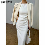 Elegant Slash Neck Sleeveless Solid Dress for Women Slim Waist Side Split Female Bodycon Dress 2021 Summer