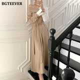 Stylish V-neck Patchwork Women A-line Dress Chic Full Sleeve Lace-up Long Female Dress Elegant Spring Dress