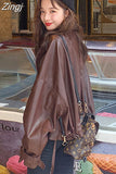 Spring Short Oversized Brown Soft Light Faux Leather Jacket Women Long Sleeve Black Loose Autumn Korean fashion