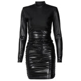 Women Autumn Winter Long Sleeve Pu Leather Black Bodycon Party Club Package Hip Mini Dress 2021 Fall Clothes