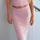 Summer Women Dress Set Strapless Crop Top And Midi Skirt Two Pieces Sets Y2K Elegant Beach Dress Party Outfits