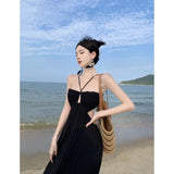 Zingj Pure Desire Wind Hang Neck Dress Female Summer New Sexy Back Leakage Waist Pleated Holiday Long