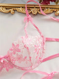Ribbon Tie Up Embroidery Flower Half Cup Lingerie Set- Outfit