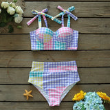 Sexy Colorful Plaid Bikini Set High Waist Swimwear Shoulder Strappy Bathing Suit Beachwear Biquini