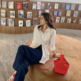 Women Korean Style Loose Long Sleeve Turn-down Collar Fashionable Stylish Female Blouses Autumn Chic Asymmetrical