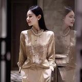 Chinese Style Vintage Buttoned Blouse Women's Autumn 2023 New Champagne Small Collar Imitation Silk