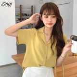 Colors Shirts Women Colorful Simple Notched Sweet Girls Korean Tops Leisure Short Sleeve Student All-match Version Female