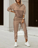 New Fashion Women Plaid Print Zipper Front Hooded Top & Pants Set Two Pieces Suit Flare Pants