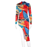Women Fashion Autumn Long Sleeve Printed Bodycon Irregular Red Midi Dress 2021 Fall Female Wholesale Clothes