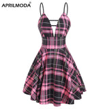 Sexy Plaid Spaghetti Strap Women Dress Gothic Vintage Casual Female Streetwear Vacation Fashion Party Sundress Mini