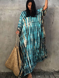 Printed V-neck Batwing Sleeve Side Split Loose Dress For Women Clothes Plus Size Beachwear Maxi Dress