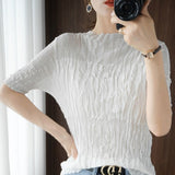 New Cotton T-shirt Women's Half Turtleneck Pleated Round Neck Knitted Short-sleeved Slim Fashion All-match Bottoming