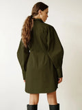 Spring Summer Bodycon Dress Women Khaki Long Sleeve Pleated Shirt Dress Office Ladies Solid Lapel Casual Mini