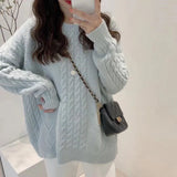 Zingj Thick Twist Pure Color Loose Sweater Female Autumn Dong New Round Collar Lazy Wind Sweater Jacket-Outfit