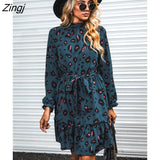 PETAL Belted Blue Leopard Mini Dress For Woman Sexy Mock Neck Long Sleeve Party Dress 2023 Spring Autumn Female
