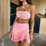 Tassel Women Two Piece Skirt Halter Lace Bra Tassel Mini Skirt Suit Beach Vacation Casual Female Bathing Suit