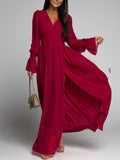 Sexy V Neck Long Sleeve Slit Maxi Dress Women Fashion Pleated A-Line Dress Elegant Solid Elastic Waist Chiffon Long