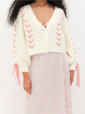 Women Long Sleeve Cropped Cardigan Contrast Color V-Neck Tie-up Knitted Sweaters Buttons Up Winter Fall Jumpers