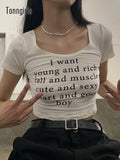 Summer Vintage T Shirt Women Short Sleeve Letter Print T Shirts White Grunge Aesthetic Crop Top Female Streetwear