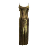 Real Shooting 鎏金带 Dress Bare Back Repair Behind The Opening Fork Long Bag Over The Knee Dress